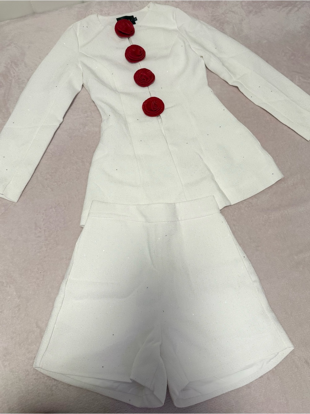 White Two-Piece Set with Red Rosette Buttons